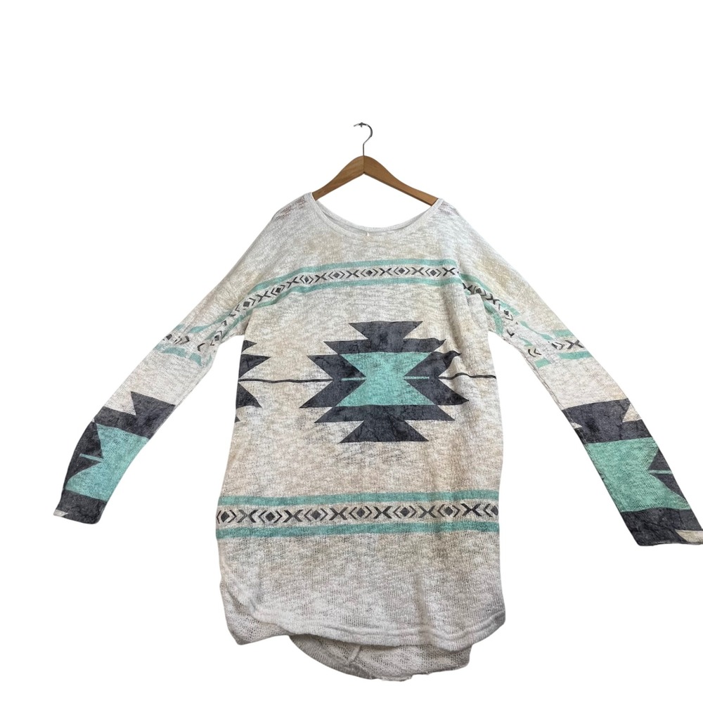 Luna Chic Southwestern Geometric Tunic Top Cream Mint Long Sleeve Scoop Neck
